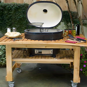 Primo Oval Ceramic Kamado Grill in Cypress Grill Table