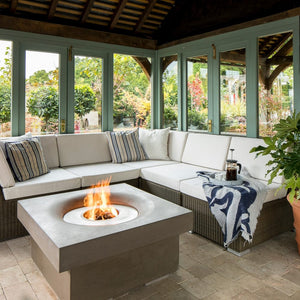 Solus Elevated Halo 36-Inch Square Gas Fire Pit in a cozy patio setting