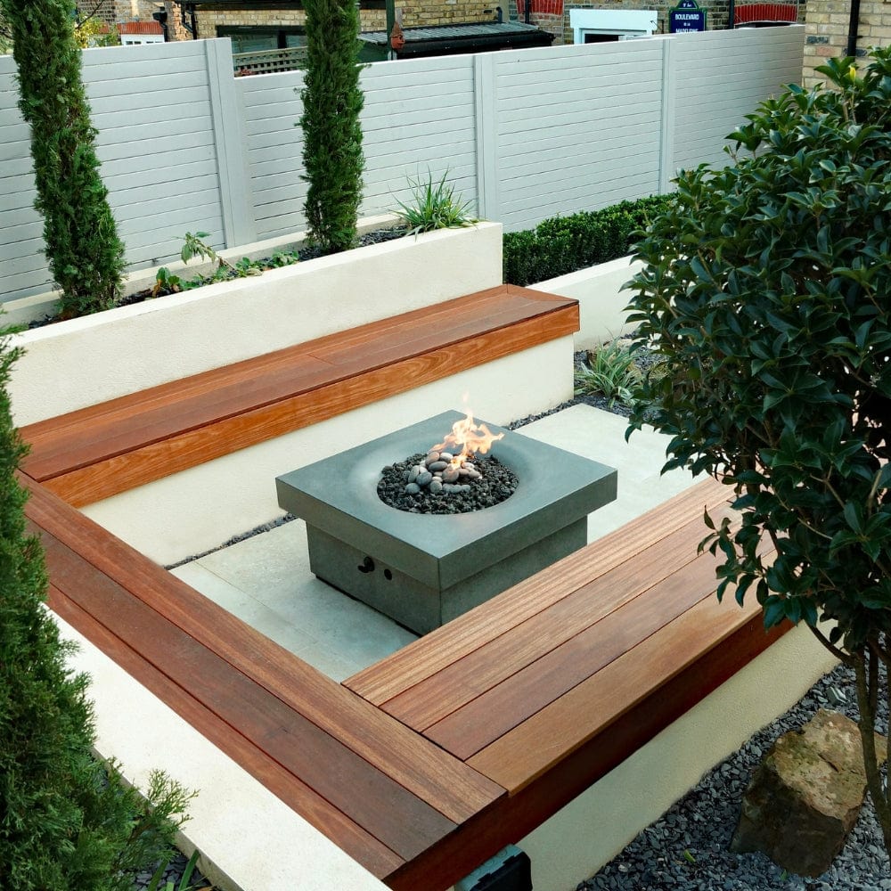 Solus Elevated Halo 36-Inch Square Gas Fire Pit in a cozy patio setting - angle view