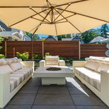 white solus elevated halo square gas fire pit under an umbrella