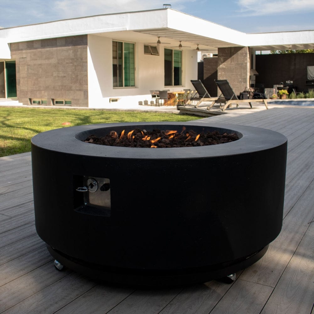 stonelum coliseo 1 round black fire pit on a patio deck