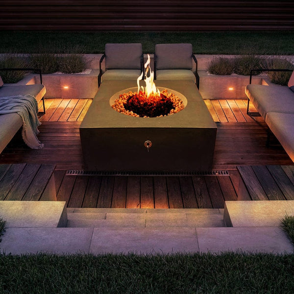 stonelum praga 1 square graphite gas fire pit in a cozy patio setup