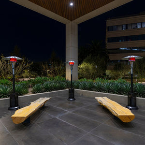 sunglo a242b portable propane patio heaters beside some benches