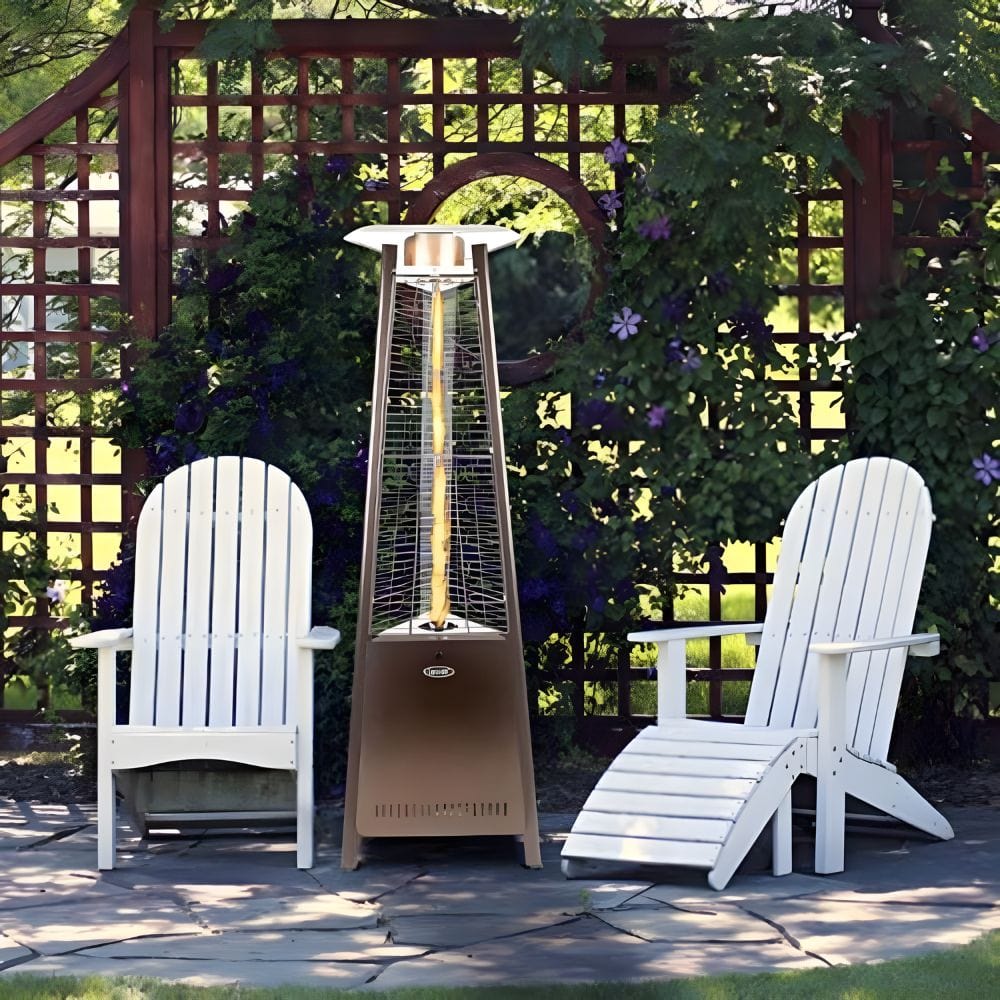 SUNHEAT 72" Tall Triangle Golden Hammered Decorative Propane Patio Heater between 2 Chairs