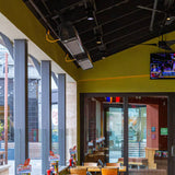 Sunpak S25 Wall/Ceiling Mounted Black Infrared Gas Heater on a restaurant's patio - installation view