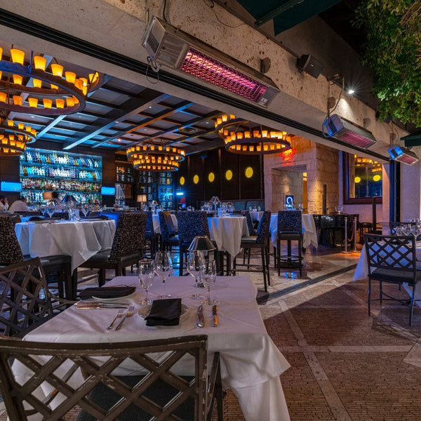 sunpak s34 infrared gas heaters on a restaurant's patio - lifestyle view