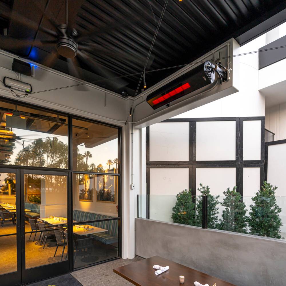 SunStar Glass Adjustable 2-Stage Gas Heaters installed at a restaurant