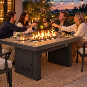 Couples toasting at a dinner party around a Top Fires Alameda 72-inch composite wood gas fire table with a Bellevue tabletop and Black base
