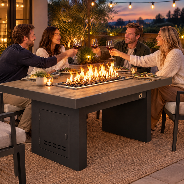 Couples toasting at a dinner party around a Top Fires Alameda 72-inch composite wood gas fire table with a Bellevue tabletop and Black base