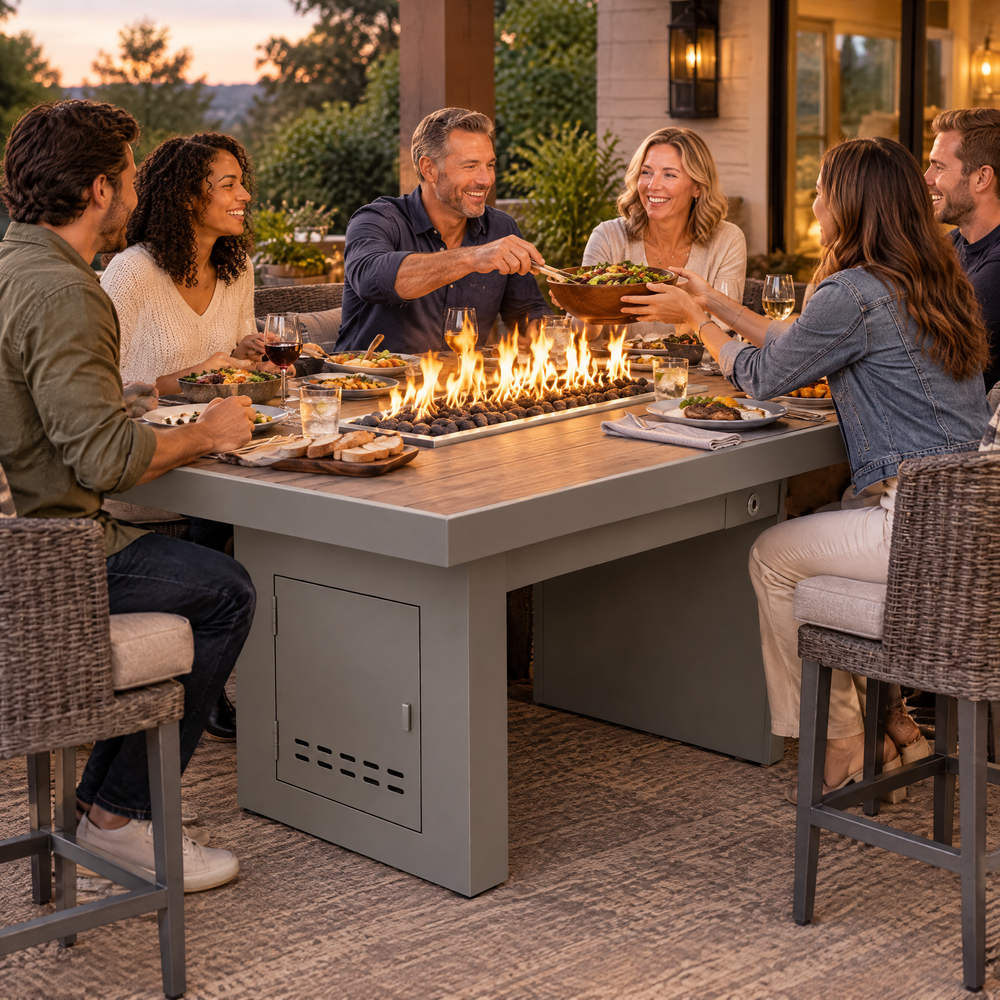 Friends passing dishes at a backyard dinner around a Top Fires Alameda 72-inch composite wood gas fire table with a Bellevue tabletop and Gray base
