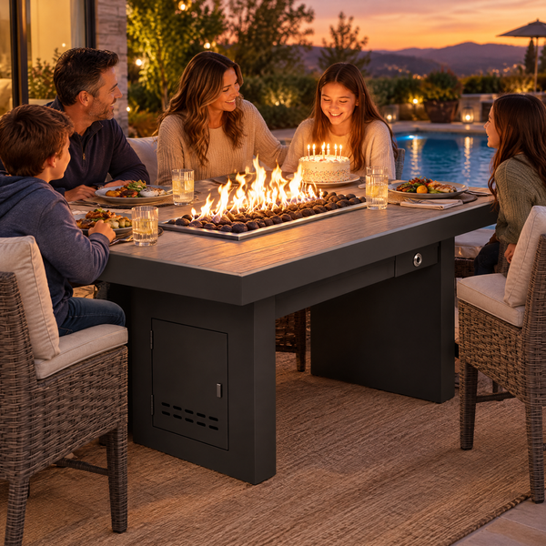 Family celebrating a birthday dinner on a poolside patio around a Top Fires Alameda 72-inch composite wood gas fire table with a Summit tabletop and Black base