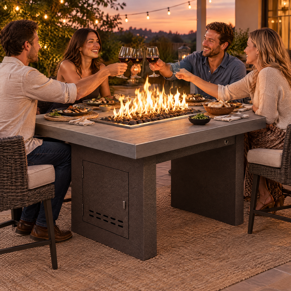 Couples toasting at a dinner party around a Top Fires Alameda 72-inch composite wood gas fire table with a Summit tabletop and Copper Vein base