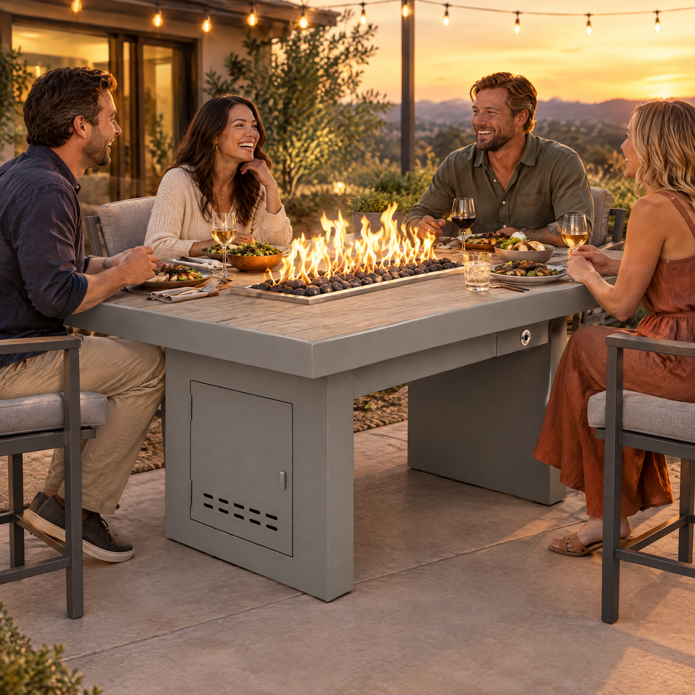 Friends sharing dinner around a Top Fires Alameda 72-inch composite wood gas fire table with a Summit tabletop and Gray base