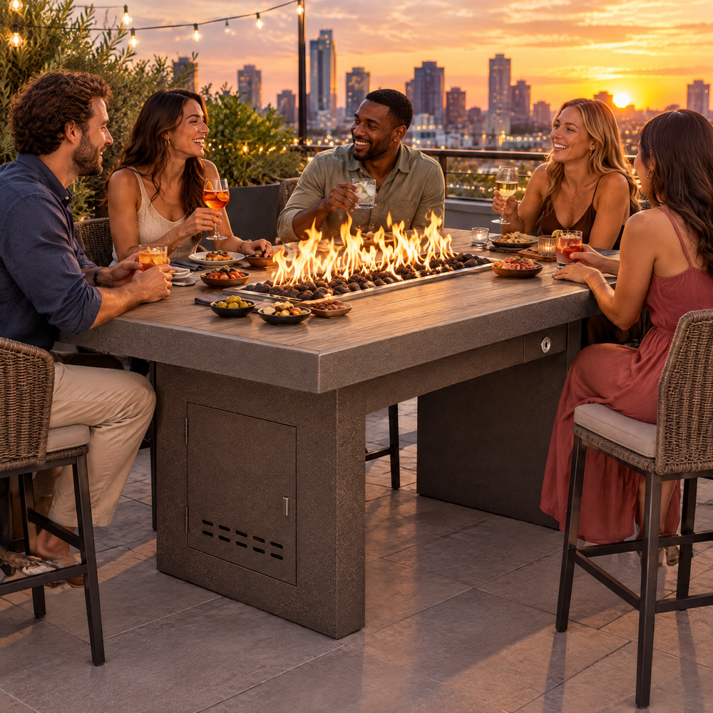 Friends enjoying tapas and cocktails on a rooftop terrace around a Top Fires Alameda 72-inch composite wood gas fire table with a Tacoma tabletop and Copper Vein base