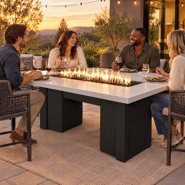 Friends sharing dinner around a Top Fires Alameda 72-inch GFRC gas fire table with a Metallic Pearl tabletop and Black base
