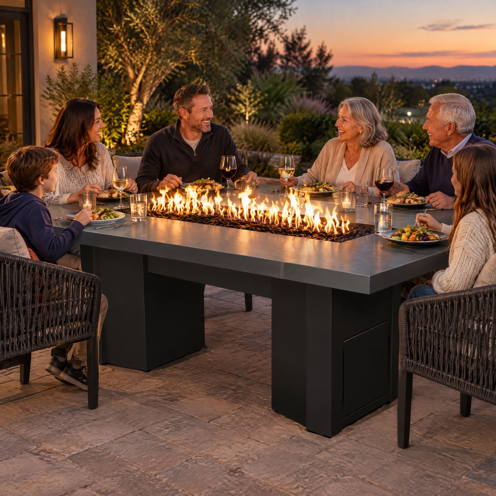 Family enjoying an evening meal around a Top Fires Alameda 72-inch GFRC gas fire table with a Metallic Slate tabletop and Black base