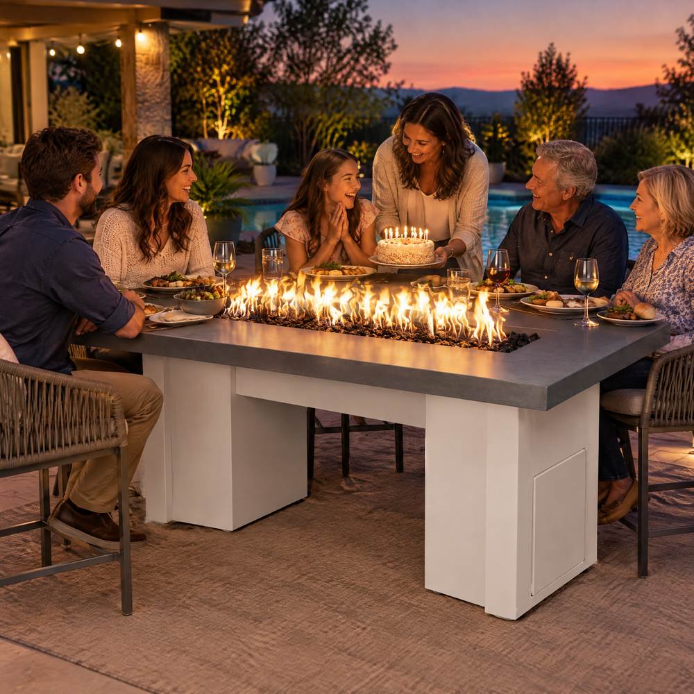 Family celebrating a birthday dinner on a poolside patio around a Top Fires Alameda 72-inch GFRC gas fire table with a Metallic Slate tabletop and White base