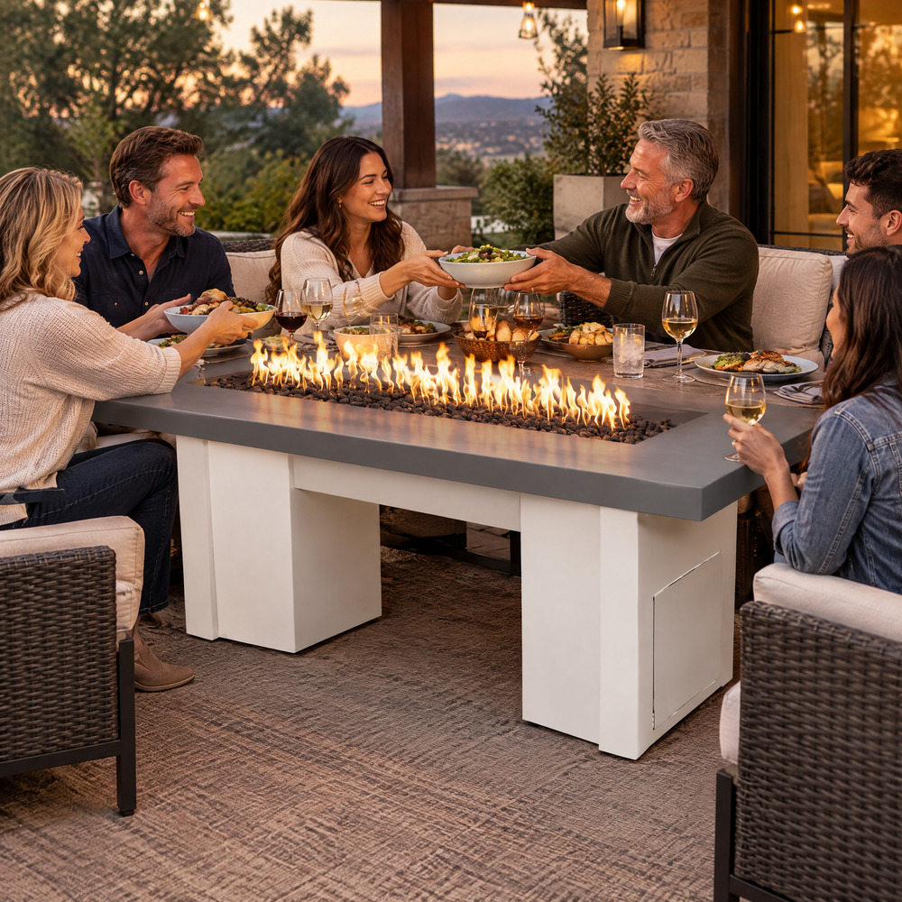 Friends passing dishes at a backyard dinner around a Top Fires Alameda 72-inch GFRC gas fire table with a Natural Gray tabletop and White base