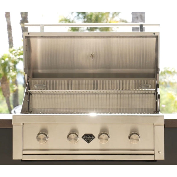 top fires diamond series 36-inch 4-burner natural gas grill with hood open - side view