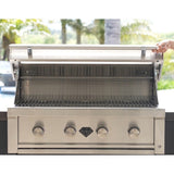 top fires diamond series 36-inch 4-burner natural gas grill built into a countertop - detail view