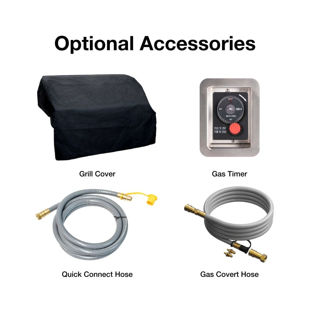 top fires diamond series optional grill cover, gas timer, quick connect hose, and gas convert hose - angle view