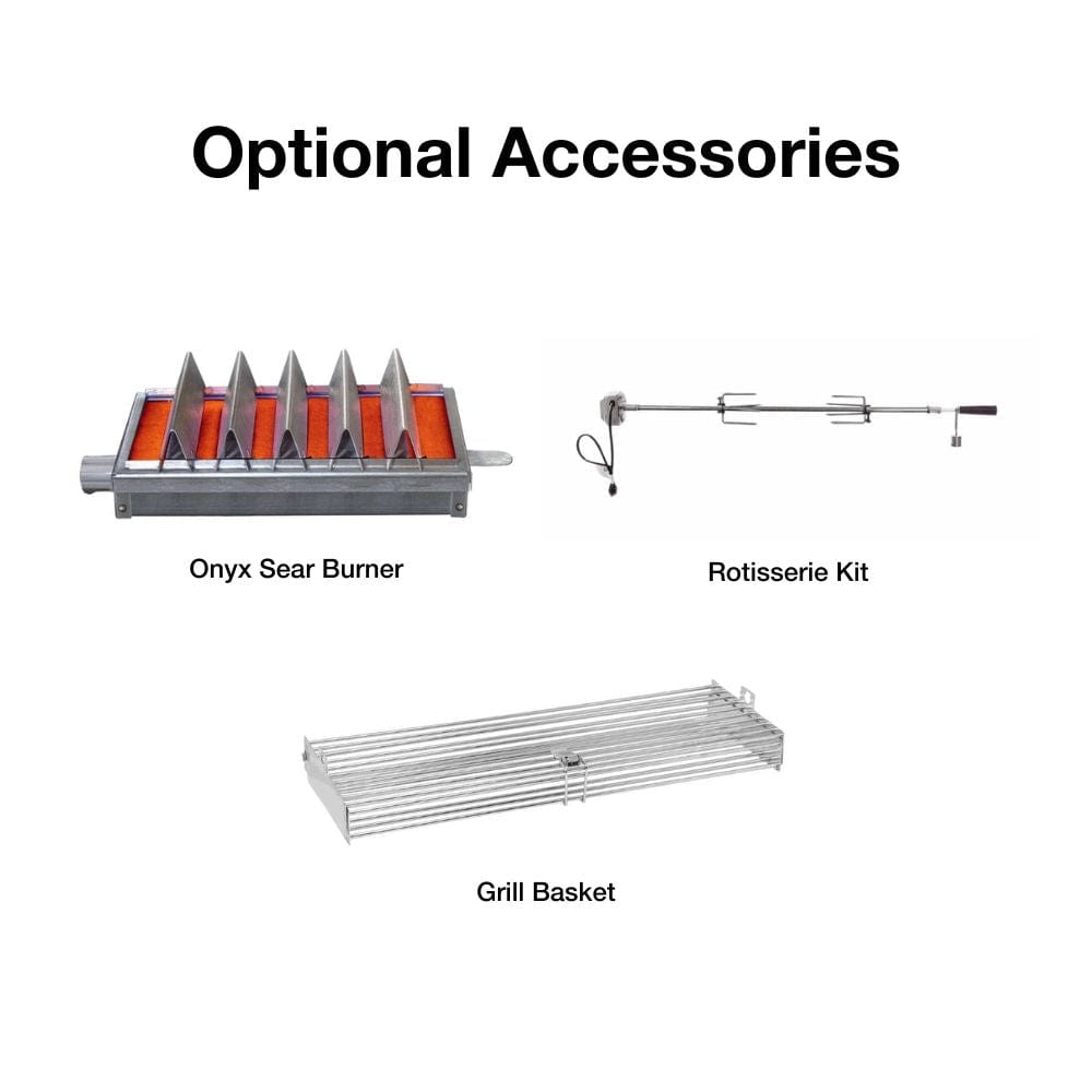 top fires onyx sear burner, rotisserie kit, and grill basket - angle view