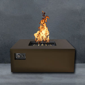 warming trends bronze square fire pit with gray background