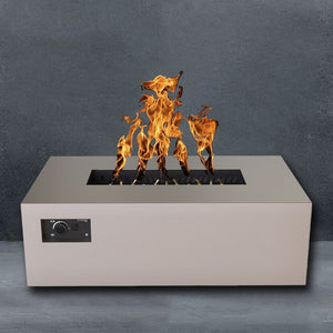 warming trends aon r48 gas fire pit table in white on a gray backdrop