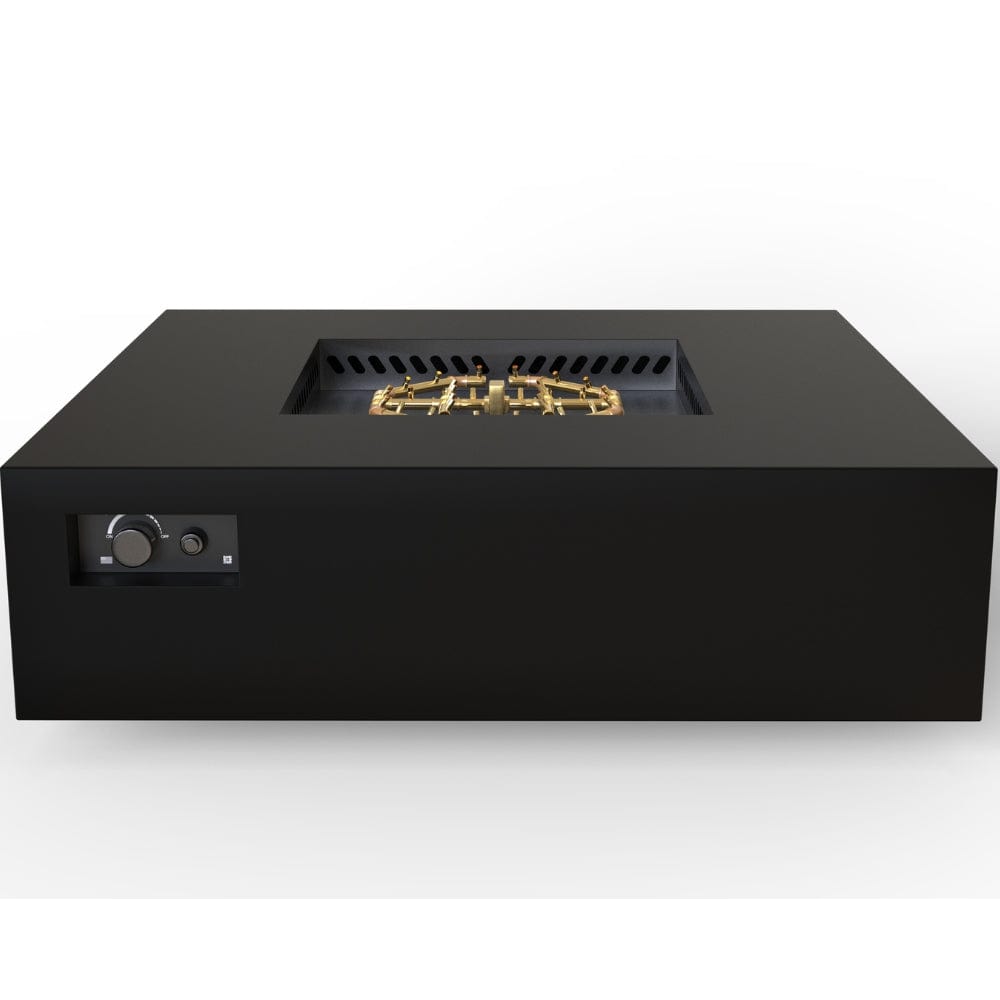 warming trends aon black square fire table with gray background with recessed controls and brass burner