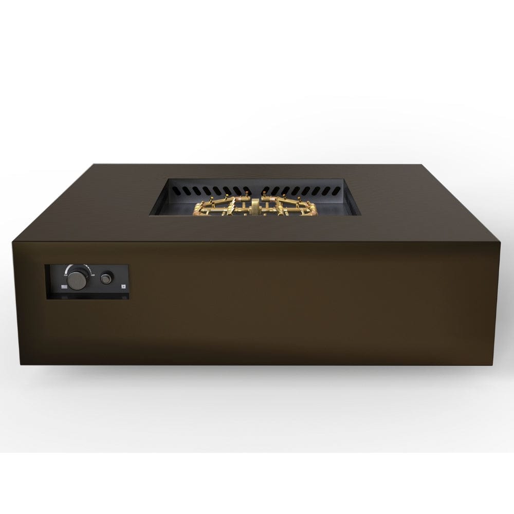 warming trends aon bronze square fire table with gray background with recessed controls and brass burner