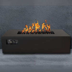 warming trends aon r60 rectangular fire pit table in black with gray background