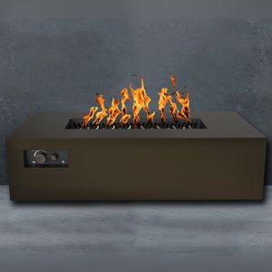 warming trends aon r60 rectangular fire pit table in bronze with gray background