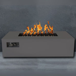 warming trends aon r60 rectangular fire pit table in charcoal on gray backdrop