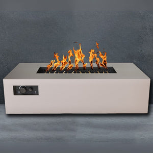 warming trends aon r60 rectangular fire pit table in sand pebble with gray background