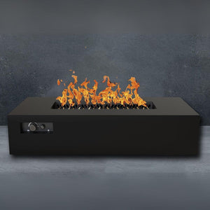 warming trends aon r72 rectangular fire pit table in black with gray backdrop