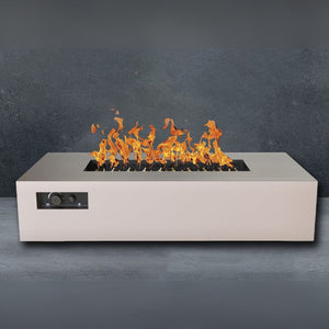 warming trends aon r72 rectangular fire pit table in sand pebble with gray backdrop