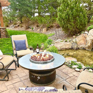 wine barrel dude coffee table wooden gas fire pit table with patio chairs outdoors