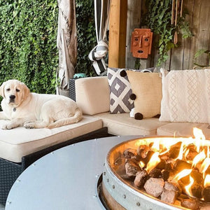 dog relaxing by the wine barrel dude coffee table wooden gas fire pit table