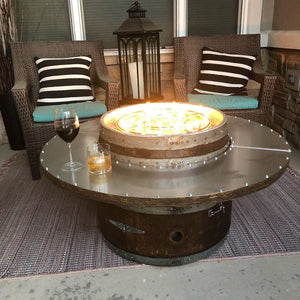 glass of wine on wine barrel dude coffee table wooden gas fire pit table