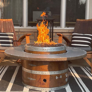wine barrel dude coffee table wooden gas fire pit table with tall orange flames