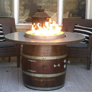 Wine Barrel Dude Custom Height Gas Fire Pit Table on a patio
