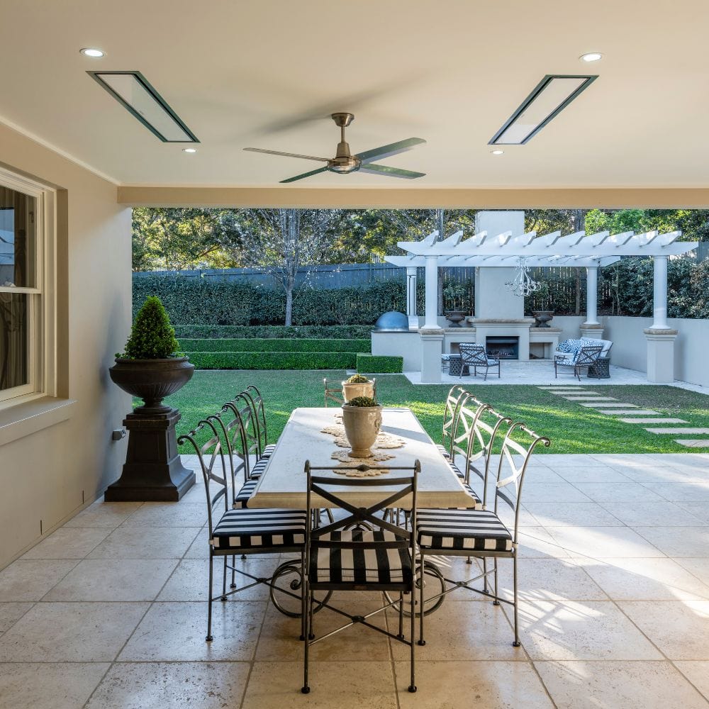 White Bromic Platinum Smart-Heat Electric Patio Heater flush mounted in patio