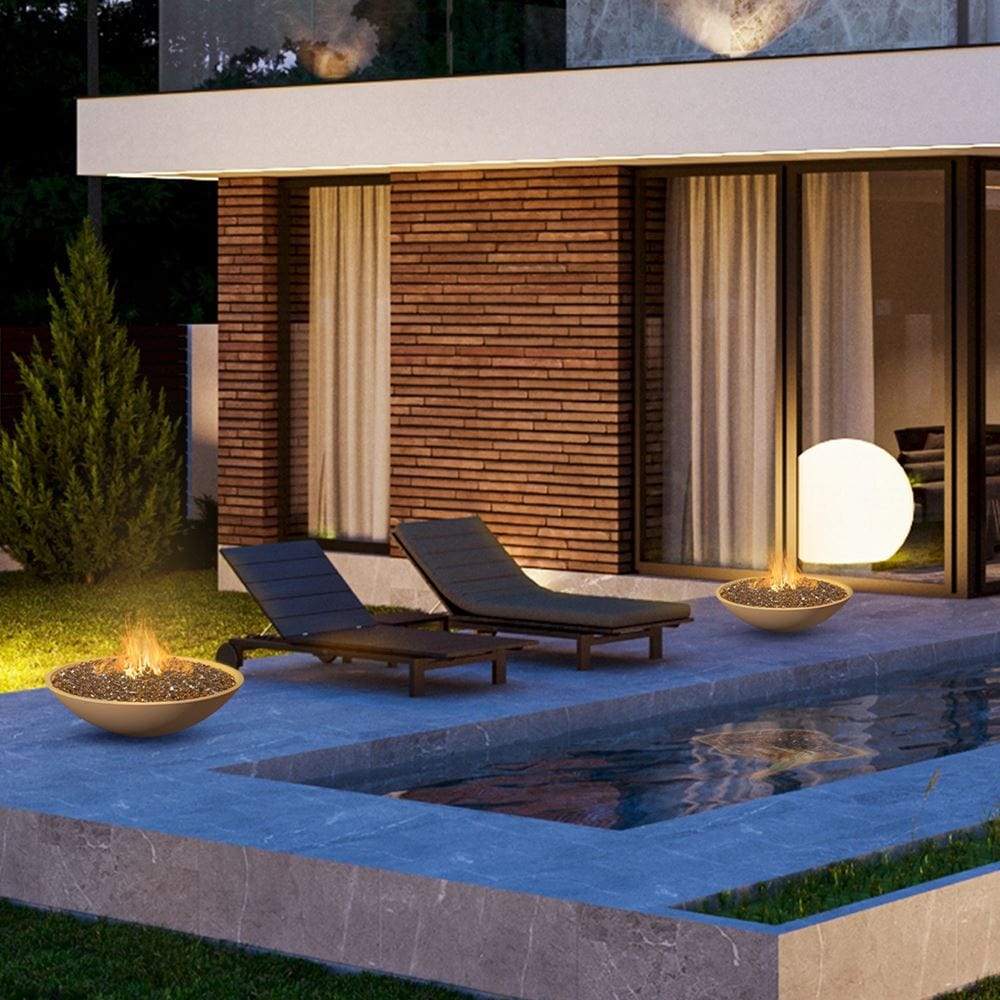 American Fyre Designs Marseille Cafe Blanco Fire Bowl by the pool