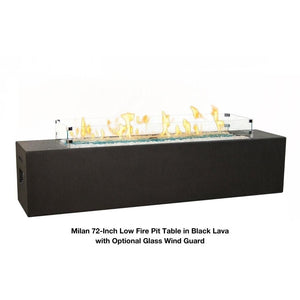 American Fyre Designs Milan 72-Inch Low Linear Gas Fire Pit Table in Black Lava with Optional Glass Wind Guard