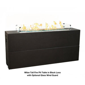 American Fyre Designs Milan 72-Inch Tall Linear Gas Fire Pit Table in Black Lava with Optional Glass Wind Guard