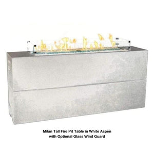 American Fyre Designs Milan 72-Inch Tall Linear Gas Fire Pit Table in White Aspen with Optional Glass Wind Guard
