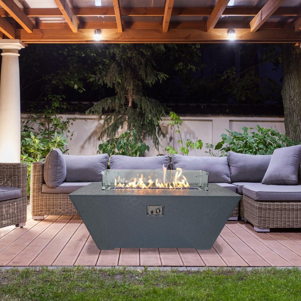 Athena Olympus Rectangular Concrete LP Fire Pit Table in Outdoor Patio