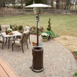 AZ Patio Heaters Hiland Bronze Propane Patio Heater with Table in Garden