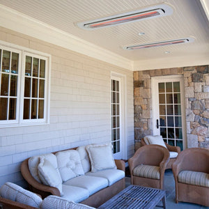 Recessed White Tungsten Electric Heaters in Covered Outdoor Area