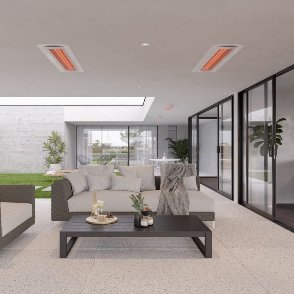 Recessed White Tungsten Electric Heaters in Covered Patio